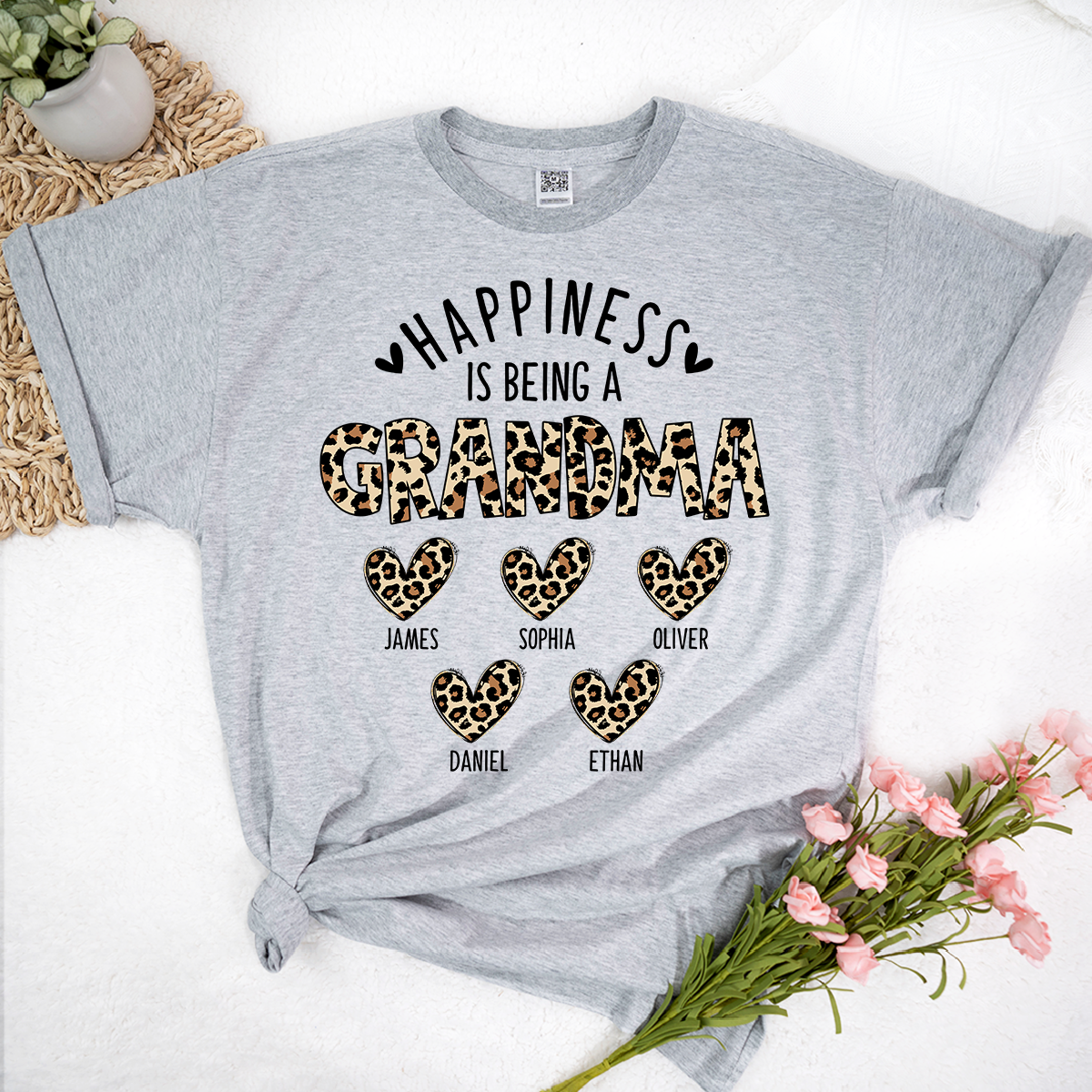 Happiness Is Being a Grandma Tee, Custom Grandma Shirt with Grandkids Names, Leopard Print Hearts Design