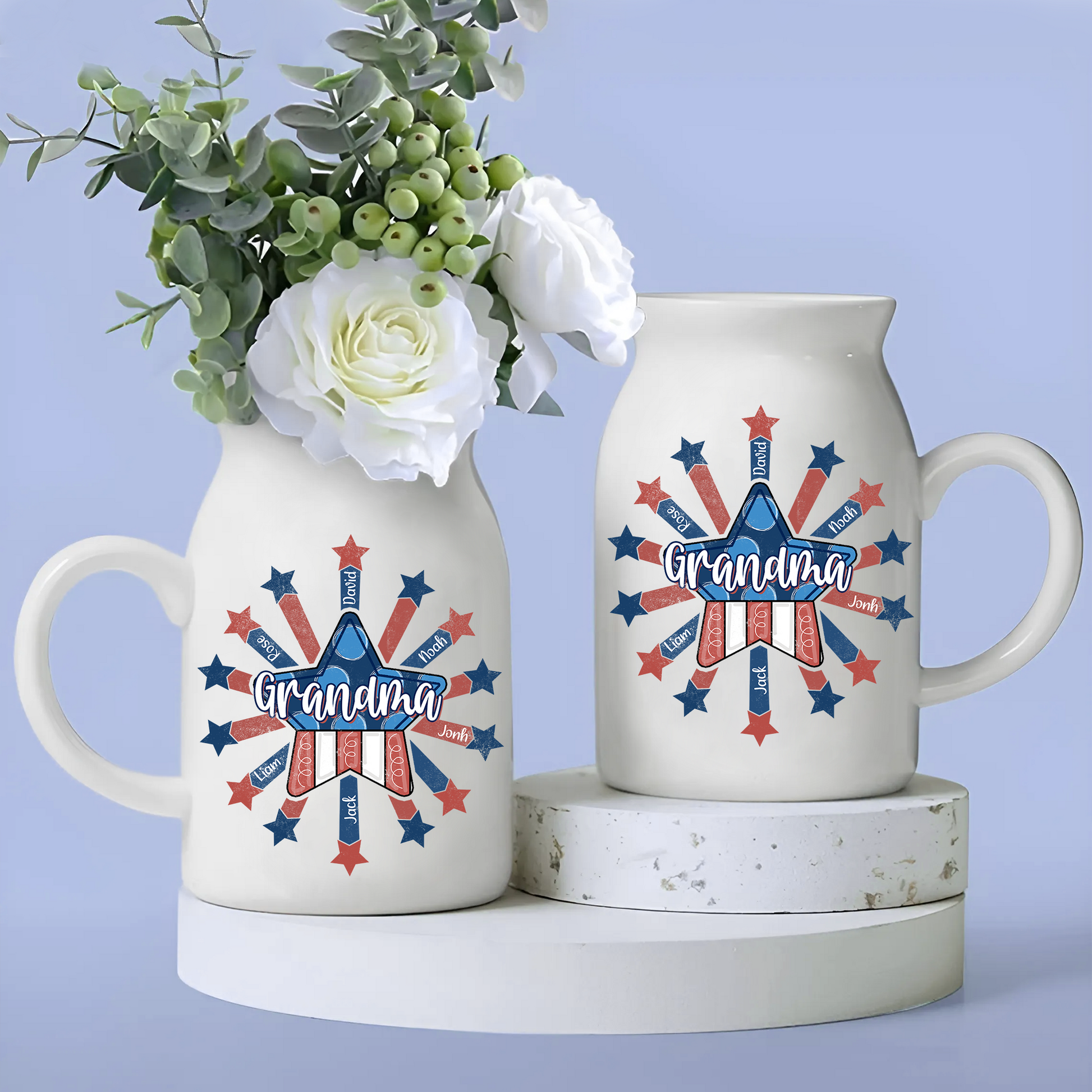 Star Flag Grandma And Kids - Custom Home Decoration Flower Vase According To Family Requirements - Warm Gift For Mother's Day, Ceramic Flower Vase