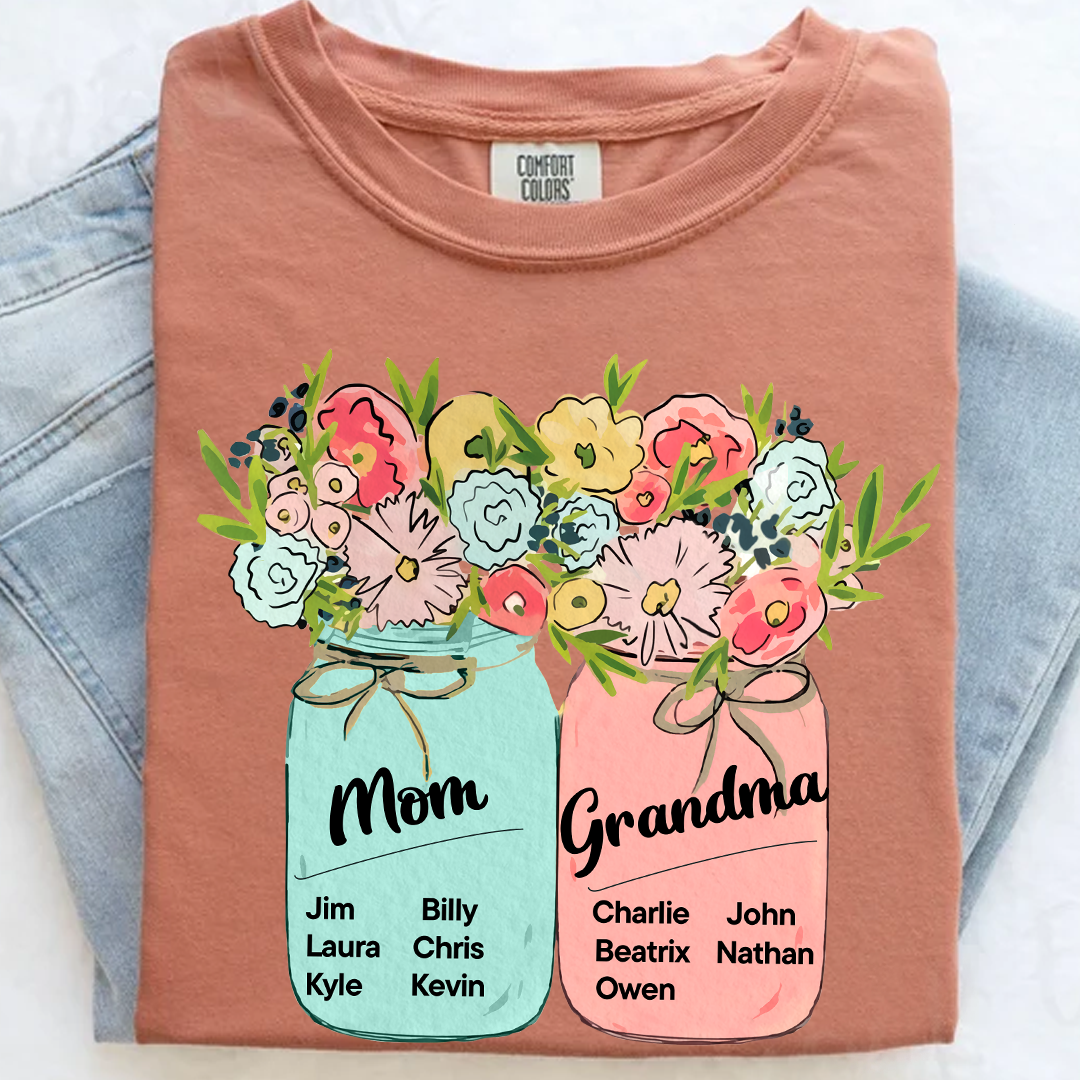 Comfort Colors® Mom & Grandma Kids Flower T-Shirt, Custom Family Names with Floral Design, Perfect Gift for Mom and Grandma