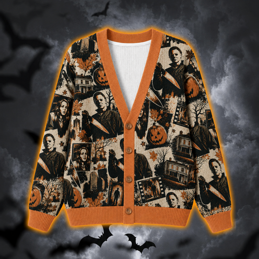 Michael Myers Halloween Cardigan, Horror Movie Knitted Sweater, Vintage Slasher All Over Print Cardigan, Spooky Fall Horror Fan Gift