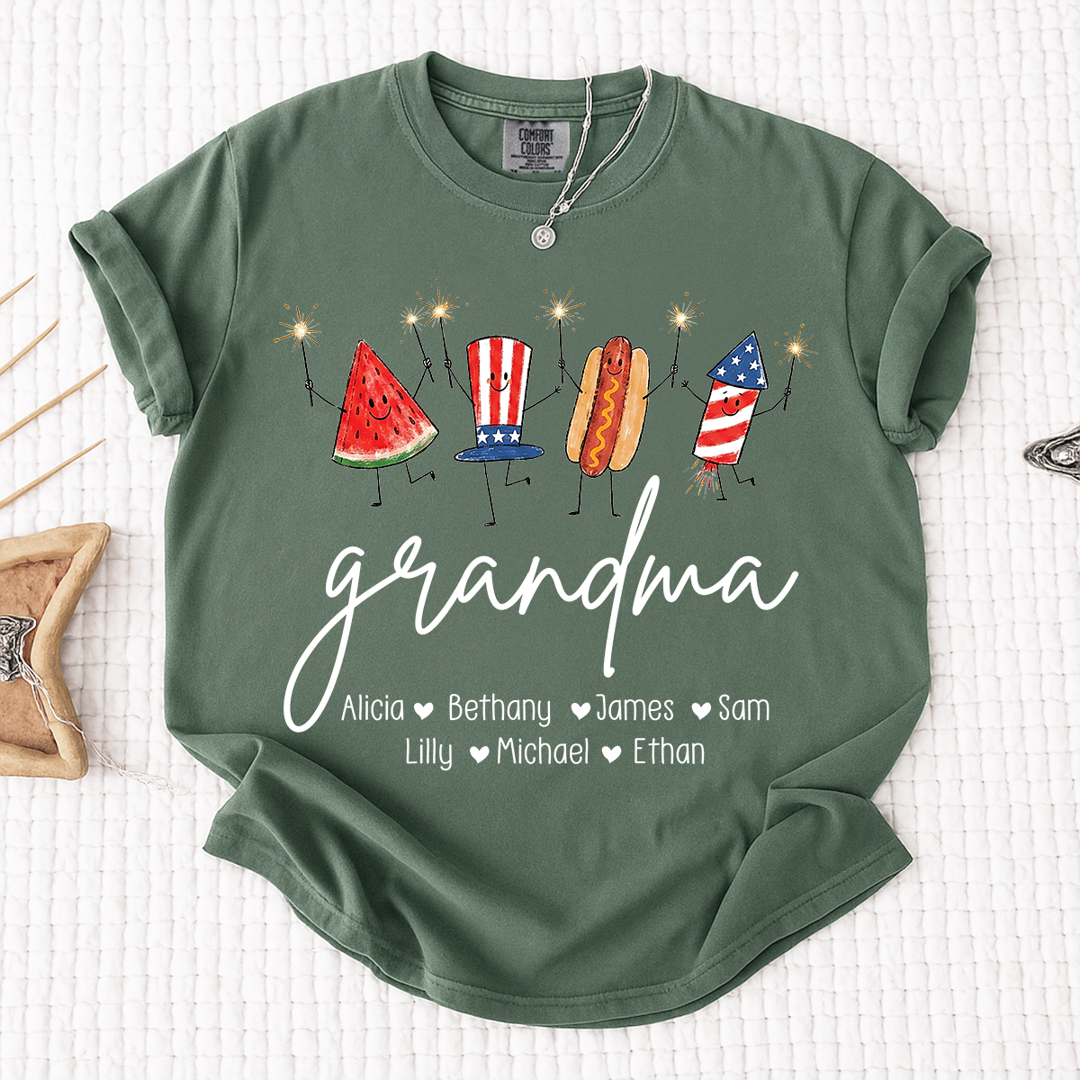 Comfort Colors® Personalized Grandma 4th of July Shirt with Grandkids Names, Patriotic Firecracker Family Tee, Custom Independence Day Grandma Gift