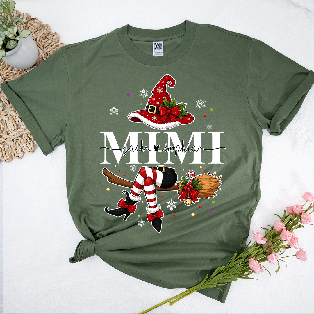 Funny Mimi Holiday Shirt, Christmas Santa Witch Legs Graphic Tee, Personalized Grandma T Shirt, Cute Winter Gift for Women
