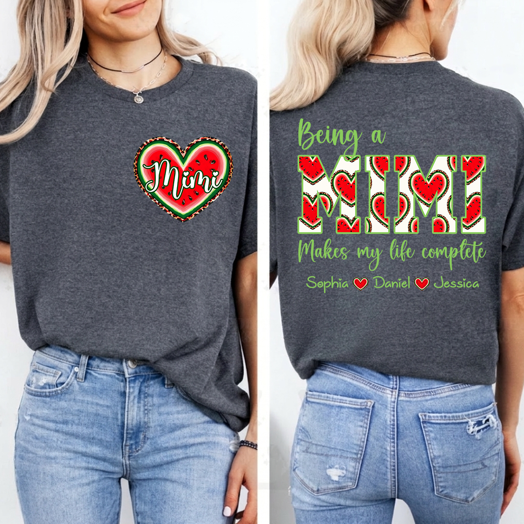 Personalized Mimi Watermelon Heart Shirt, Custom Grandma Comfort Colors Tee with Grandkids Names, Being a Mimi Makes My Life Complete