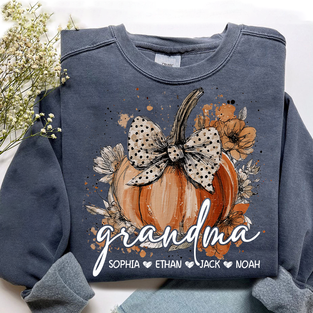 Custom Grandma Pumpkin Shirt, Cozy Autumn Sweatshirt with Kids Names