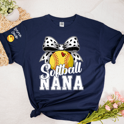 Proud Softball Nana T Shirt, Personalized Kids Names Sports Shirt with Bow Graphic
