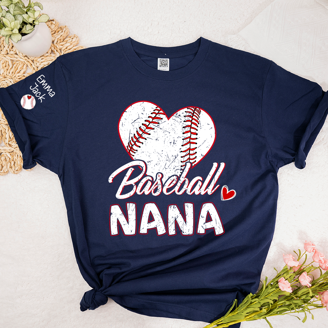 Baseball Nana T-Shirt With Custom Grandkids Names, Heart Graphic Design For Gift Gradma And Kids