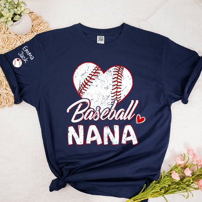 Baseball Nana T-Shirt With Custom Grandkids Names, Heart Graphic Design For Gift Gradma And Kids