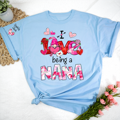 Personalized I Love Being A Nana Valentine T-shirt, Cute Bow and Strawberry Design for Grandma and Kids