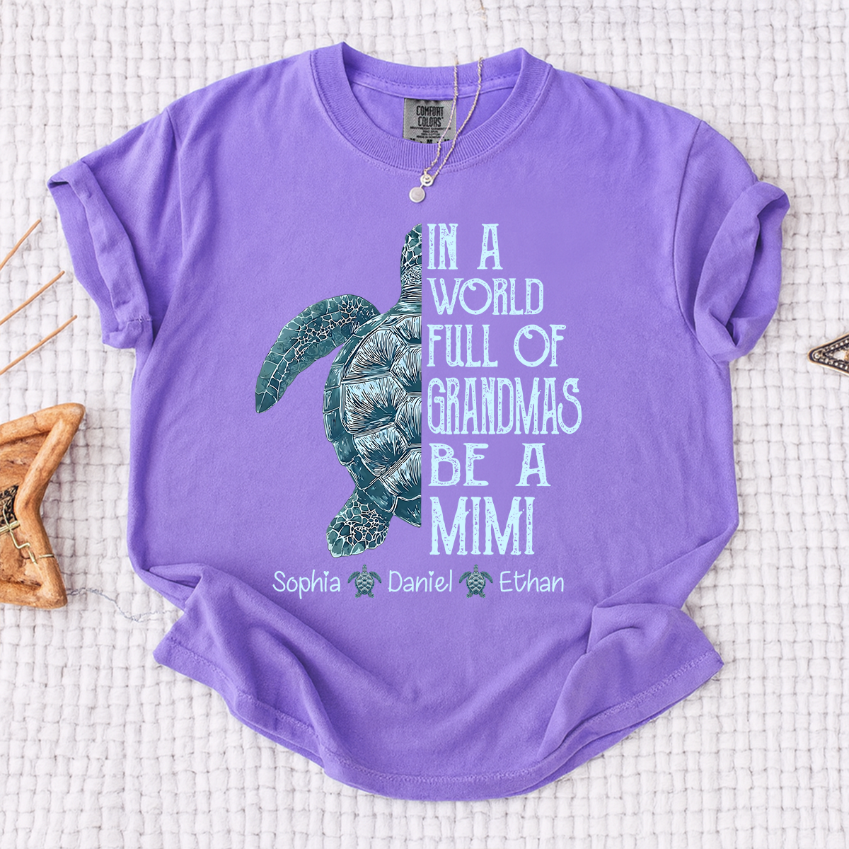 Comfort Colors Personalized Mimi Turtle Shirt, Custom Grandkids Names Sea Turtle Grandma T-Shirt, In a World Full of Grandmas Be a Mimi Gift