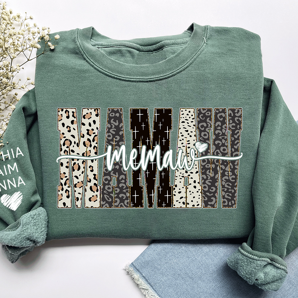 Personalized Memaw Leopard Sweatshirt – Custom Bible Style Design, Unique Gift for Grandma and Her Grandkids