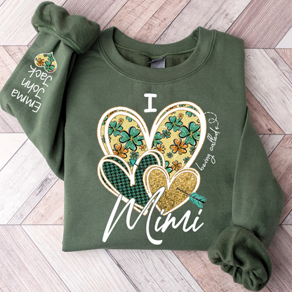I Love to Be Called Mimi Heart Design Sweatshirt For St. Patrick's Day, Personalized Clover Design Sweatshirt for Grandma with Grandchildren's Names