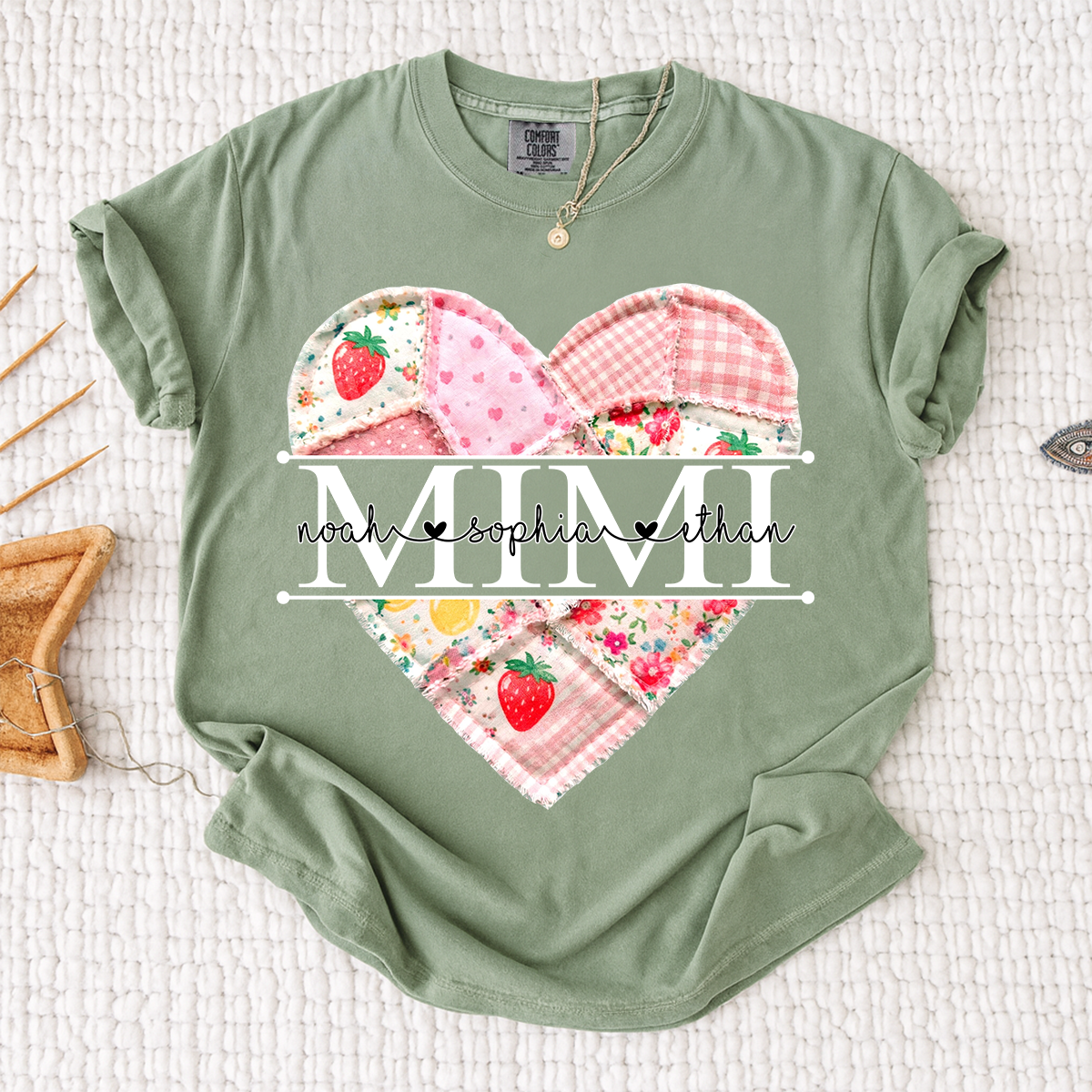Comfort Colors® Personalized Mimi Heart Patch T-Shirt for Grandma, Custom Family Names Tee