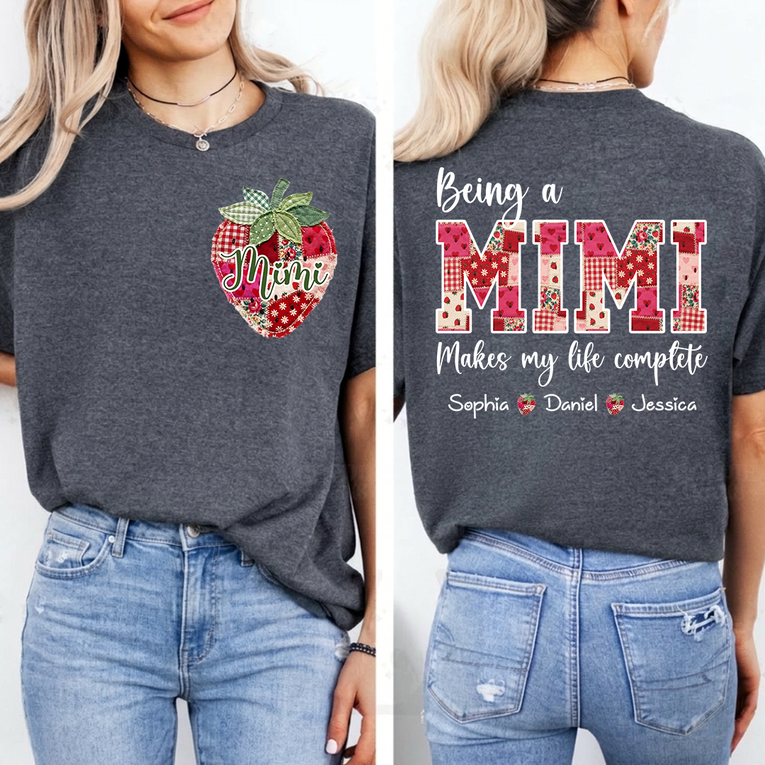 Custom Mimi Shirt with Grandkids Names, Personalized Strawberry Patchwork Tee for Grandma Nana Gigi, Cute Family Gift