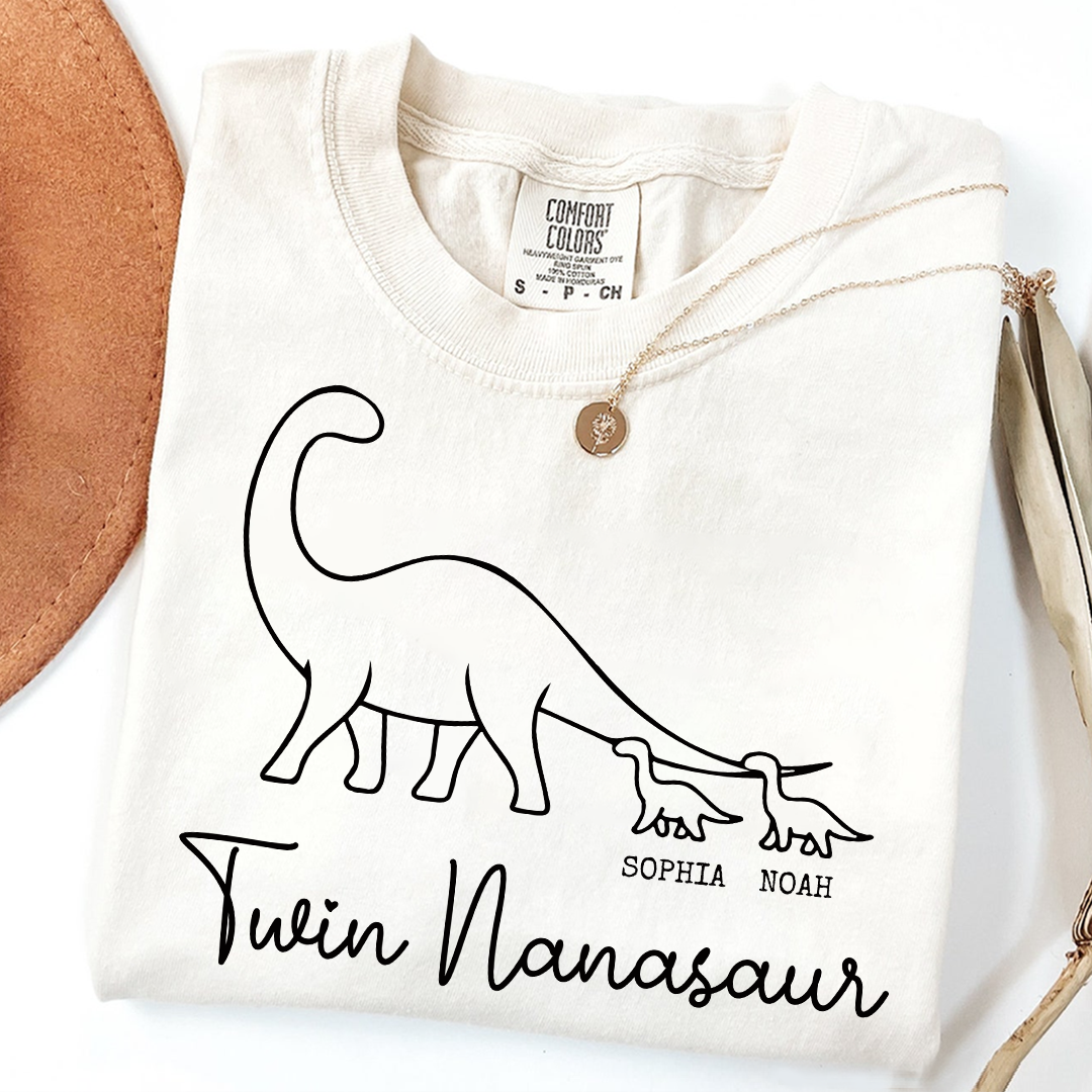 Comfort Colors® Twin Nanasaur Shirt, Personalized Dinosaur Grandma Tee, Custom Grandkids Names T Shirt, Fun Dino Grandma Gift