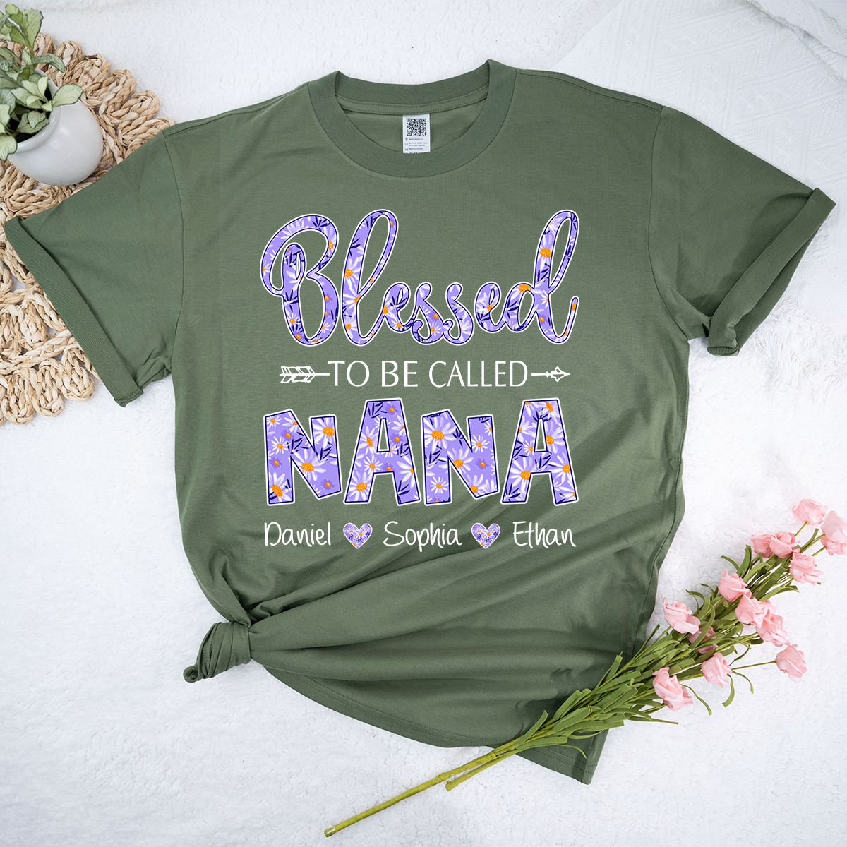 Blessed to Be Called Nana Shirt, Personalized Grandma T Shirt with Grandkids Names, Purple Floral Design