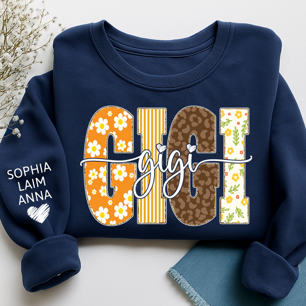Gigi Fall Grandma Sweatshirt – Custom Name Sleeve and Retro Plaid Floral Letter Design