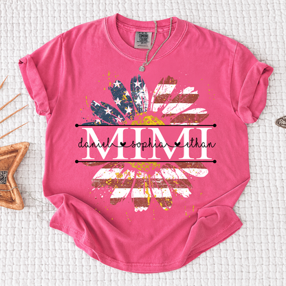 Comfort Mimi Daisy Shirt With American Flag Print, Custom Name, Floral Design, Personalized Family t-shirt