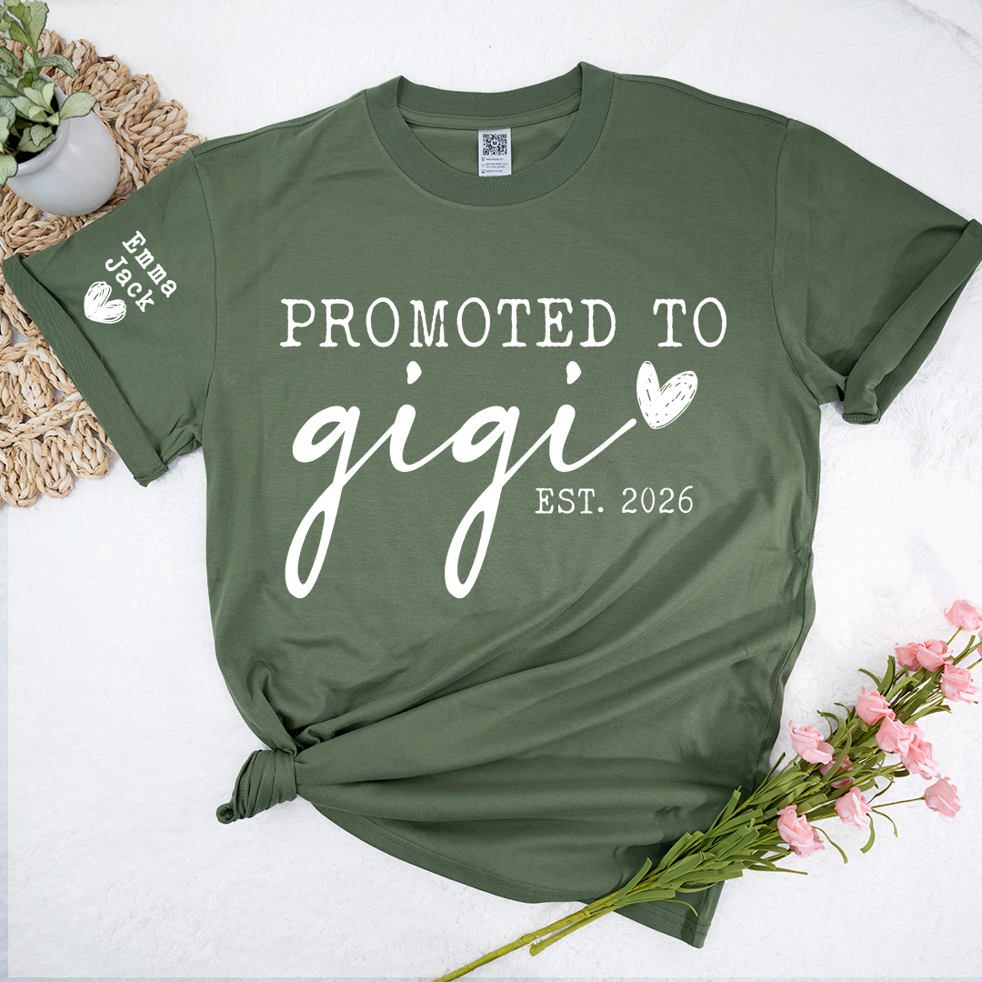 Promoted To Gigi Est 2026 Shirt, Personalized Grandkids Names Sleeve Tee, New Gigi Gift, First Time Grandma Announcement Shirt