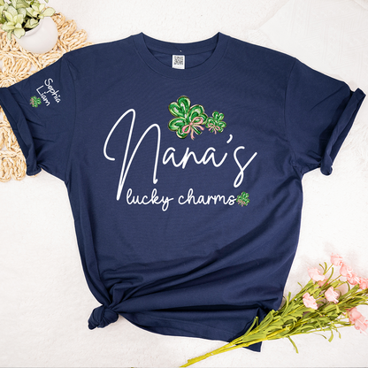Nana’s Lucky Charms Shirt Personalized Grandma Name Tee with Shamrock Design St Patrick Theme Gift for Nana