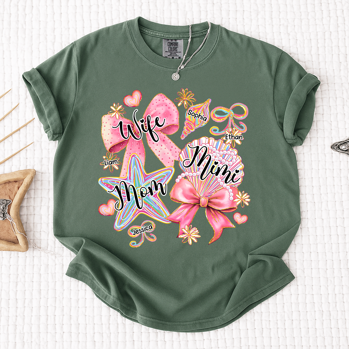 Comfort Colors Personalized Wife Mom Mimi Beach Shirt with Grandkids Names, Custom Grandma Coastal T Shirt for Women, Summer Family Vacation Gift