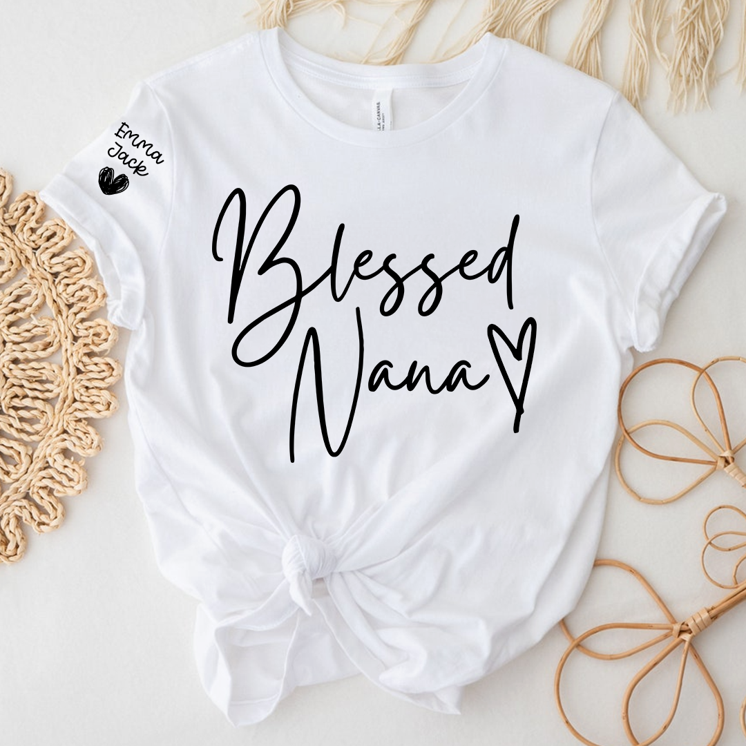 Blessed Nana Personalized T-Shirt, Custom Family Names Tee with Heart Design