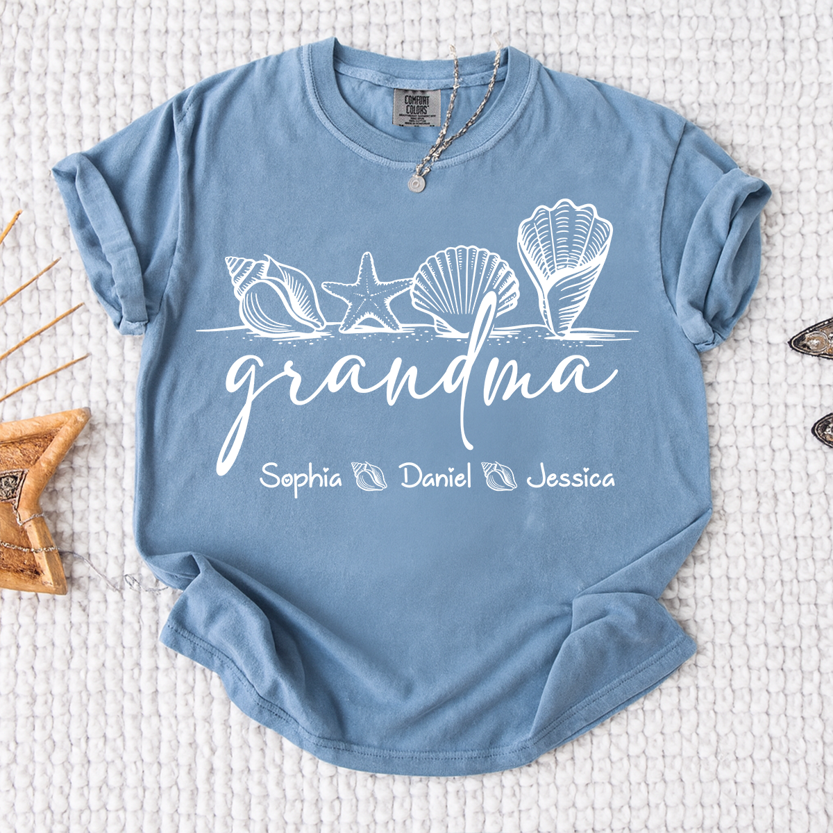 Comfort Colors Custom Grandma Seashell Shirt, Personalized Grandchildren Names Tee, Beach Lover Grandma Gift for Mother's Day and Birthday