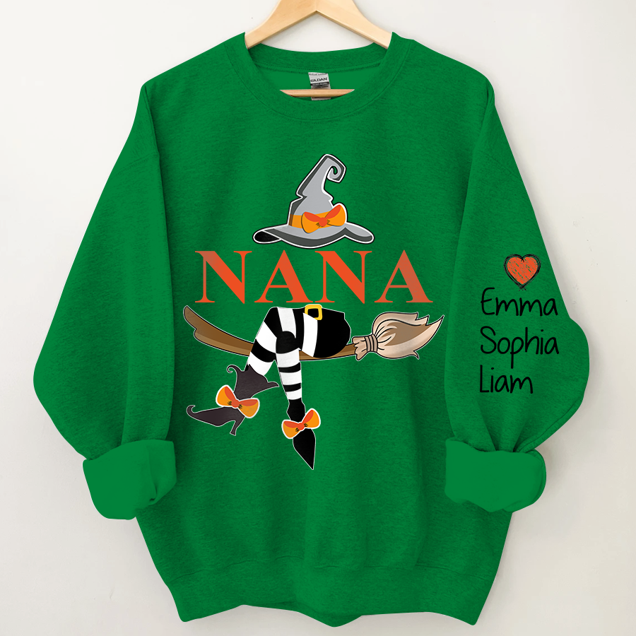 Personalized Nana Witch Halloween Sweatshirt, Custom Grandma With Grandkids Holiday Sweatshirt