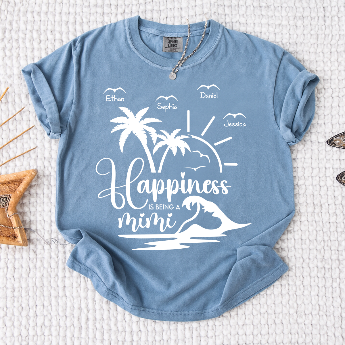 Comfort Colors Personalized Mimi Beach Shirt with Grandkids Names, Happiness Is Being a Mimi Tee, Custom Summer Grandma Gift