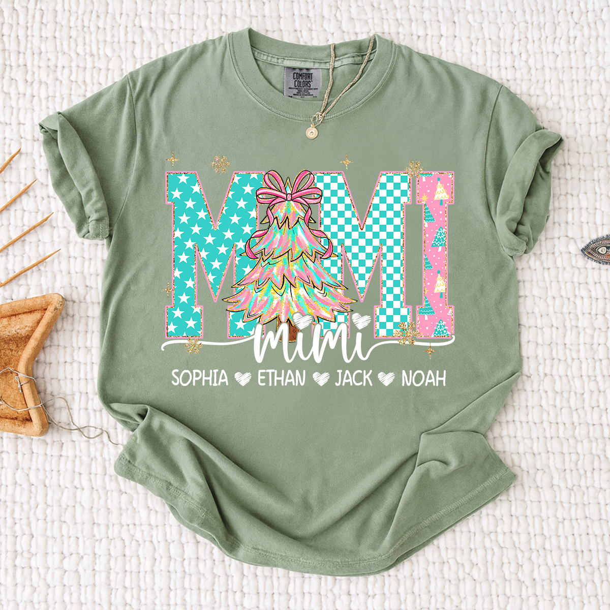 Comfort Colors® Personalized Mimi Christmas Shirt, Custom Holiday Tree Shirt with Kids Names