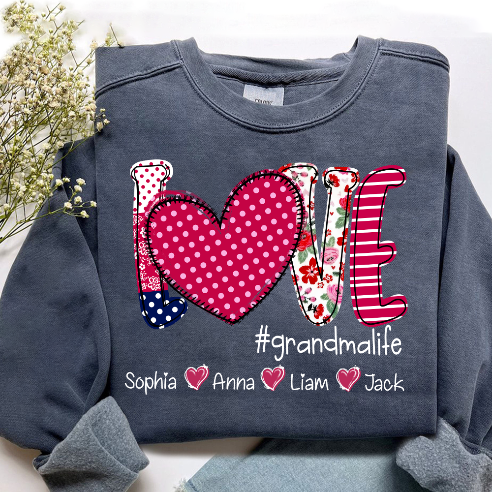 Love Grandma Shirt, Heart Patchwork Sweatshirt with Kids’ Names
