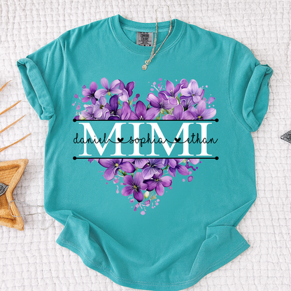 Comfort Colors Purple Floral Heart Mimi Shirt, Personalized Family Names and Violet Flower Design T Shirt