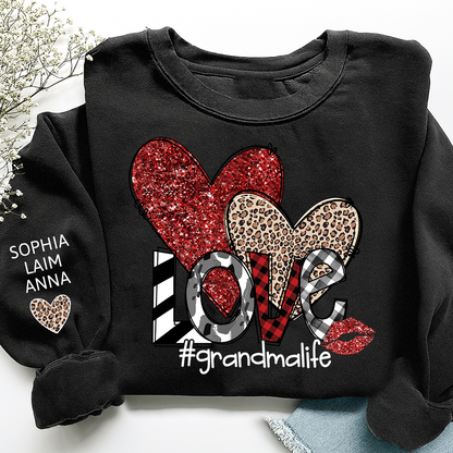 Custom Grandma Life Love Sweatshirt, Leopard & Glitter Heart Design For Grandma And Kids