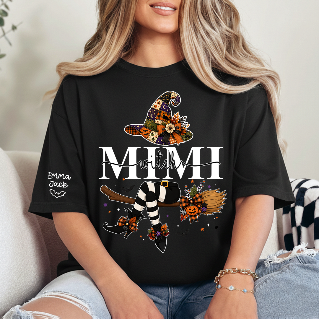 Personalized Grandma Mimi Halloween Shirt, Cute Witch and Pumpkin Design Tee, Custom Grandchildren Names T Shirt