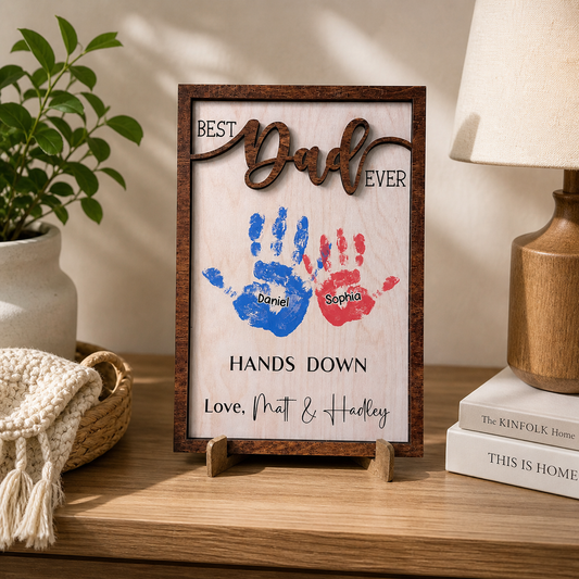 Personalized Dad Handprint Frame, Custom Kids Names Gift for Father, Best Dad Ever Hands Down Wooden Sign