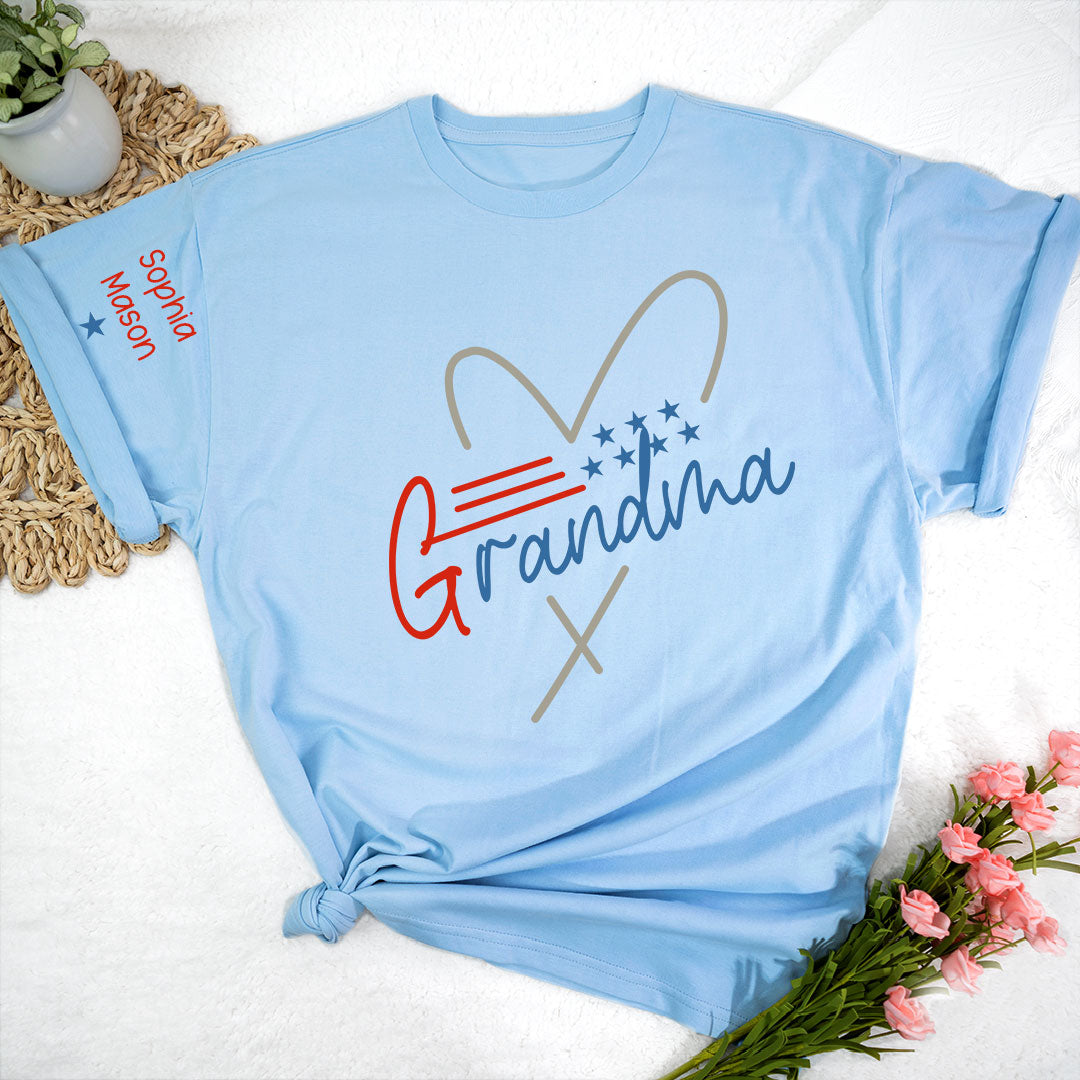 Grandma Heart 4th Of July Shirt, Custom Grandma And Grandkids T-Shirt