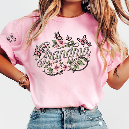 Personalized Floral Grandma Shirt with Custom Name - Custom Butterfly Floral T-shirt for Grandmother Gift