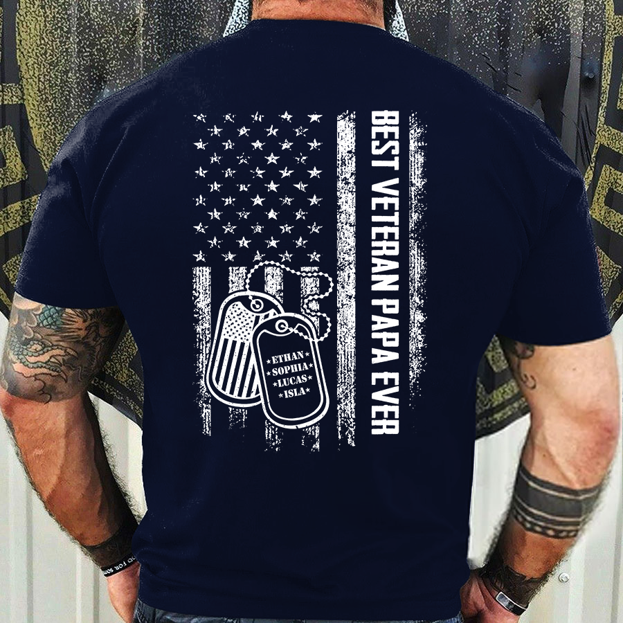 Best Veteran Papa Ever Shirt – Custom Tags with Kids' Names – Military Grandpa Gift