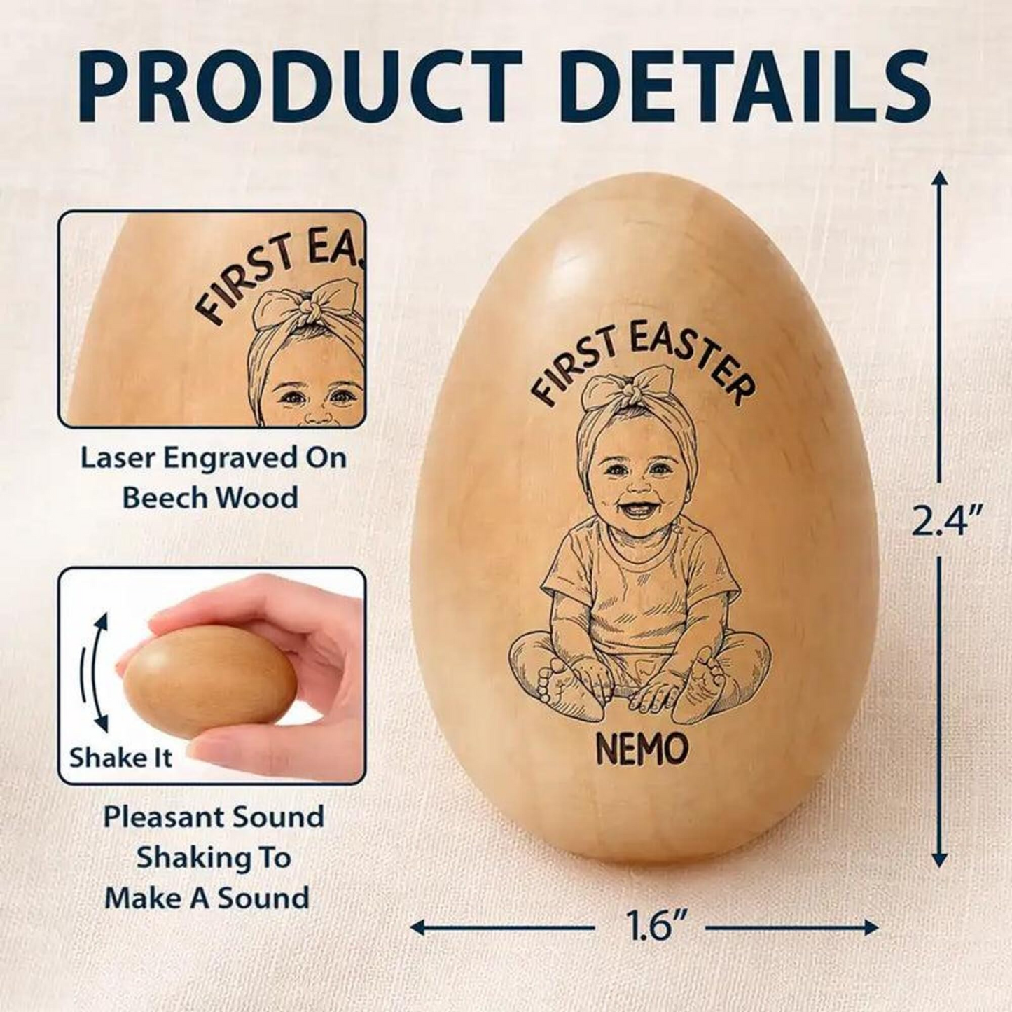 Custom Photo Portrait Sketch Egg, Personalized Musical Wooden Easter Egg Shaker, Engraving Eggs Shaker Gift for Easters, Birthdays, First Easter Gifts, Easters Table Decoration for Family
