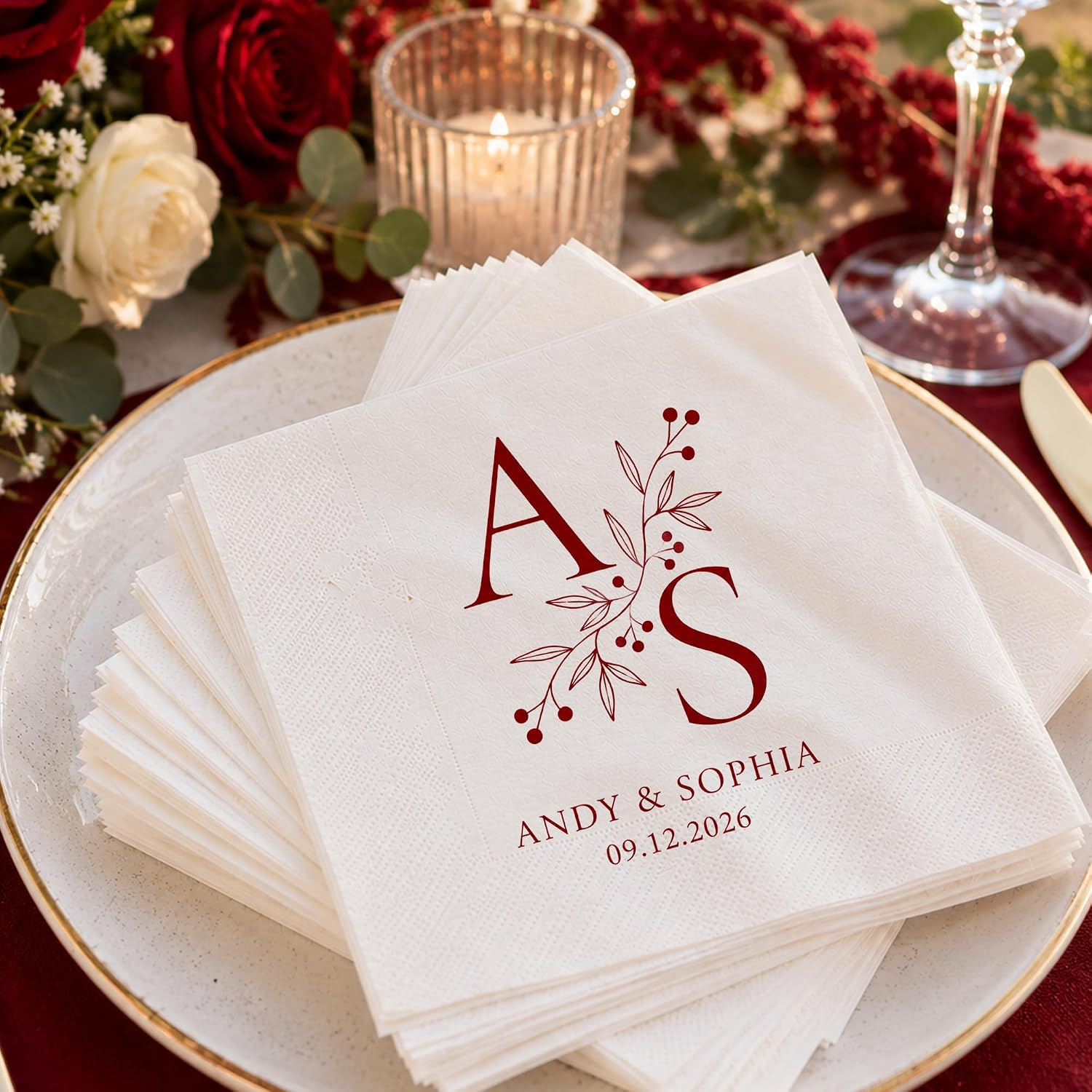 Personalized Monogram Wedding Napkins – Custom Initials Elegant Blue Floral Design