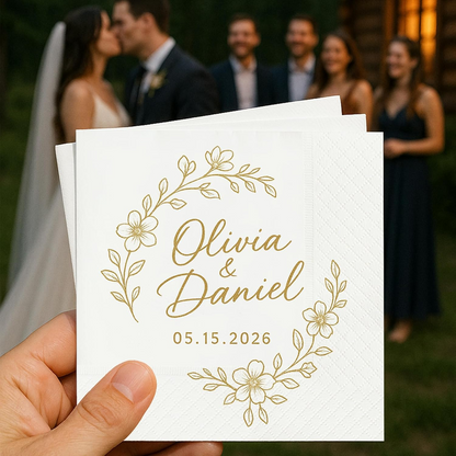 Personalized Gold Floral Wedding Napkins – Custom Name Elegant Bride & Groom Decor