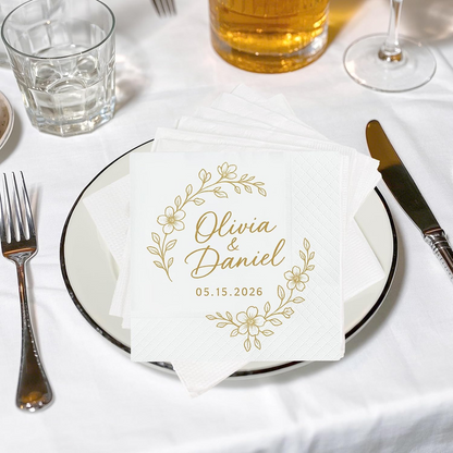 Personalized Gold Floral Wedding Napkins – Custom Name Elegant Bride & Groom Decor