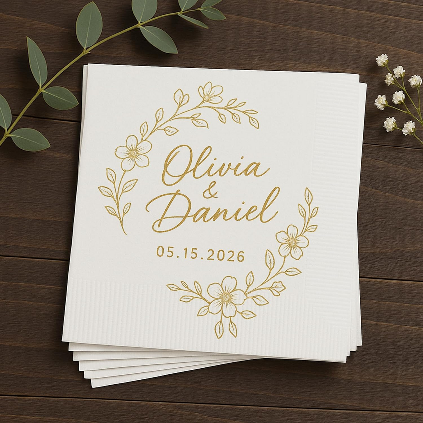 Personalized Gold Floral Wedding Napkins – Custom Name Elegant Bride & Groom Decor