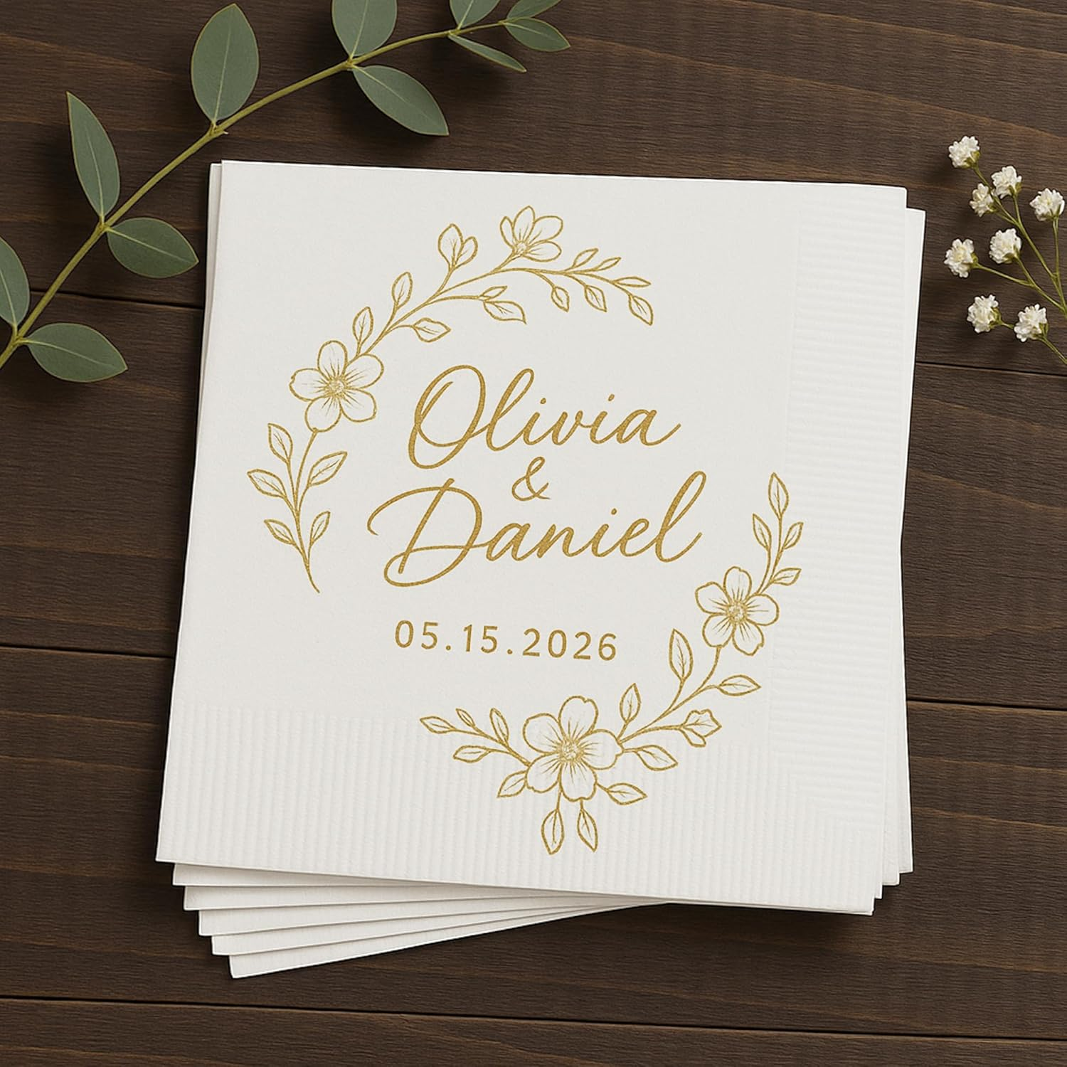 Personalized Gold Floral Wedding Napkins – Custom Name Elegant Bride & Groom Decor