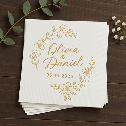 Personalized Gold Floral Wedding Napkins – Custom Name Elegant Bride & Groom Decor
