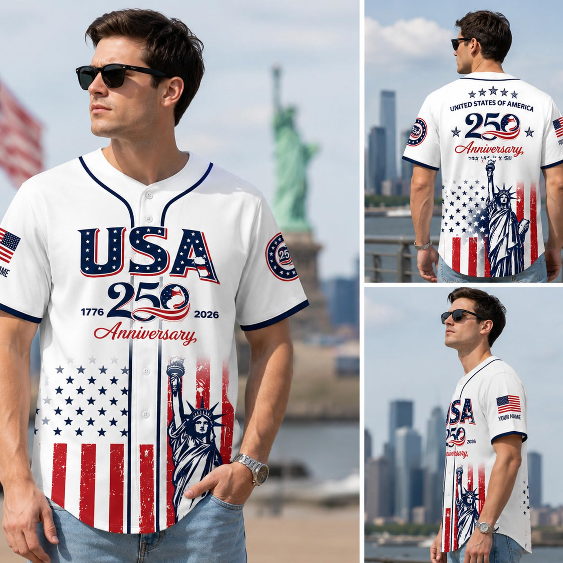 Custom Name 250th Anniversary Baseball Jersey Shirt, 250 Years of Freedom Button Down Jersey for Men Women Family