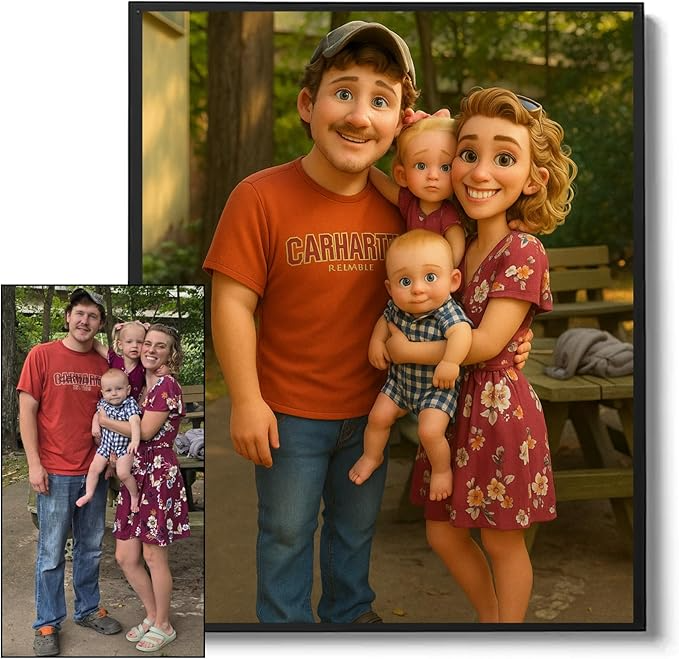 Custom Pix Art Cartoon Family Portrait Poster Canvas, Personalized Photo to Cartoon Illustration Wall Decor Unique Family Art Gift