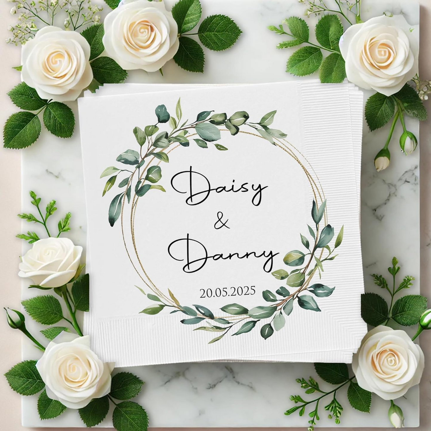 Custom Wedding Cocktail Napkins with Eucalyptus Wreath – Personalized Bride & Groom Decor