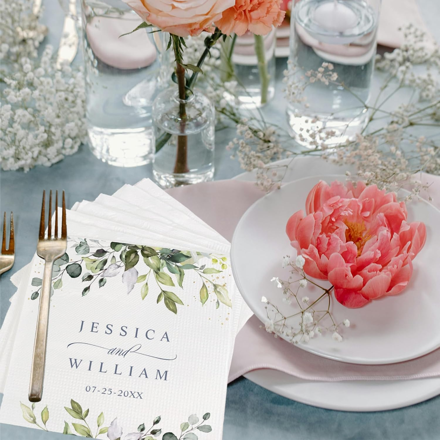 Custom Wedding Napkins Green Leaf Design – Personalized Bride & Groom Elegant Decor
