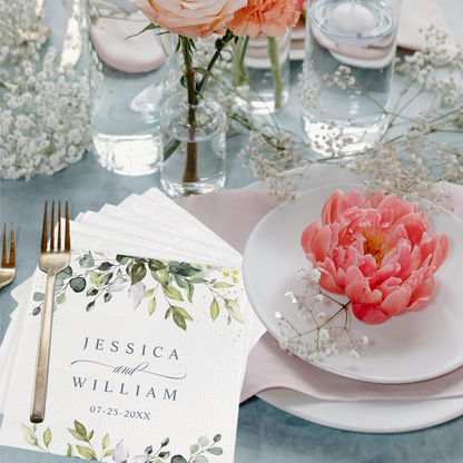 Custom Wedding Napkins Green Leaf Design – Personalized Bride & Groom Elegant Decor