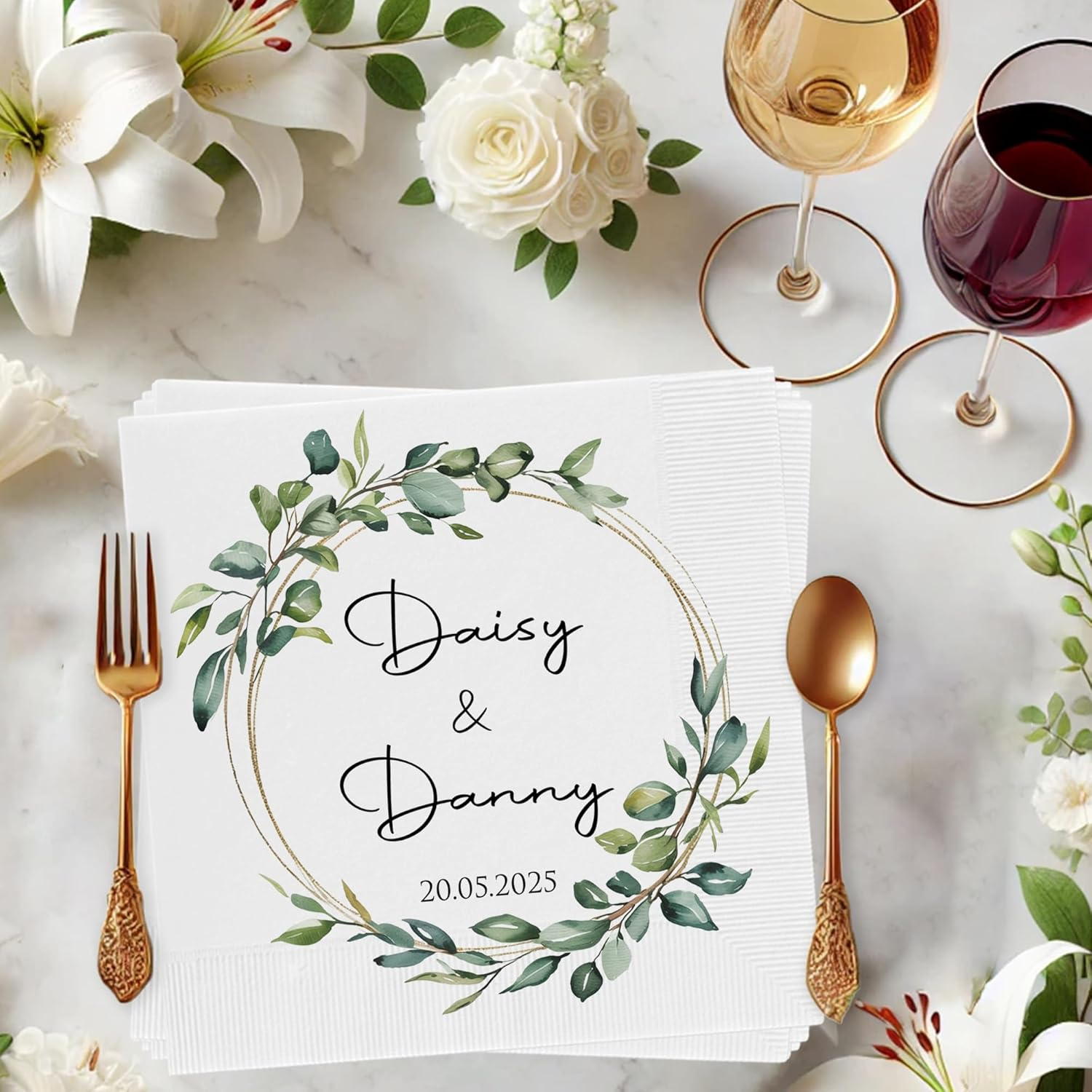 Custom Wedding Cocktail Napkins with Eucalyptus Wreath – Personalized Bride & Groom Decor